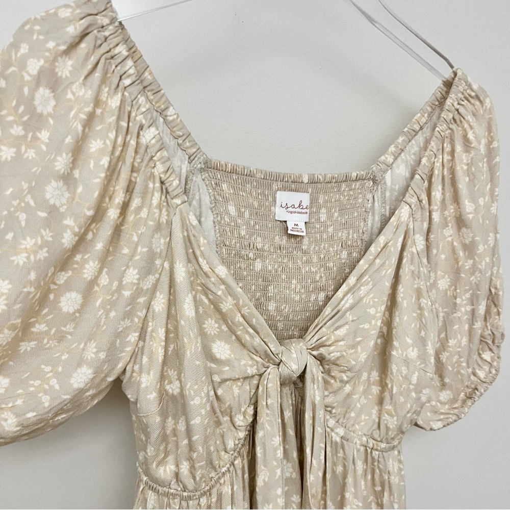 Tan Floral Print Front Tie Babydoll Mini Dress - Picture 4 of 14